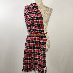 J Crew Unisex Red Blue Plaid Crinkle Fringe Wool Blend Scarf Neck Warmer Preppy